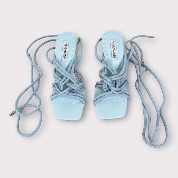 Steve Madden Lace Up Wedge Espadrille Sandal Womens Size 6 Light Blue 4‎ In Heel - Picture 2 of 6